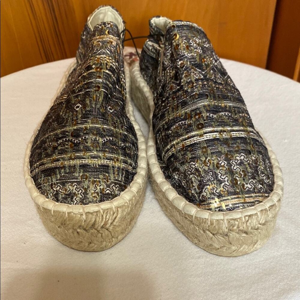Muk Luks Blue Tan Gold Sequins Espadrille Slip-On Shoes Boho Casual Metallic